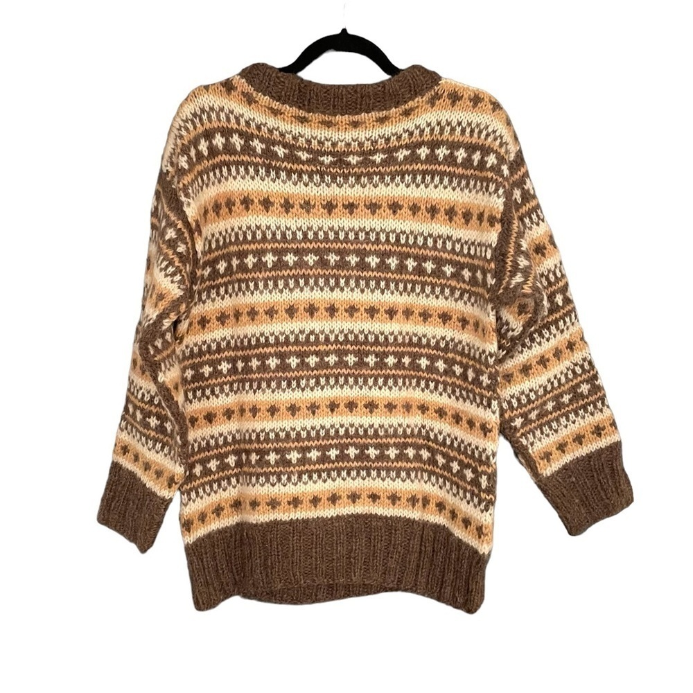 HAND KNIT Wool Sweater Pattern Design Brown Tan Cream L - Picture 5 of 6